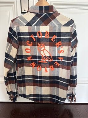 OVO Plaid Flannel Shirt in Cream, Brown & Navy Orange Logo unisex never worn